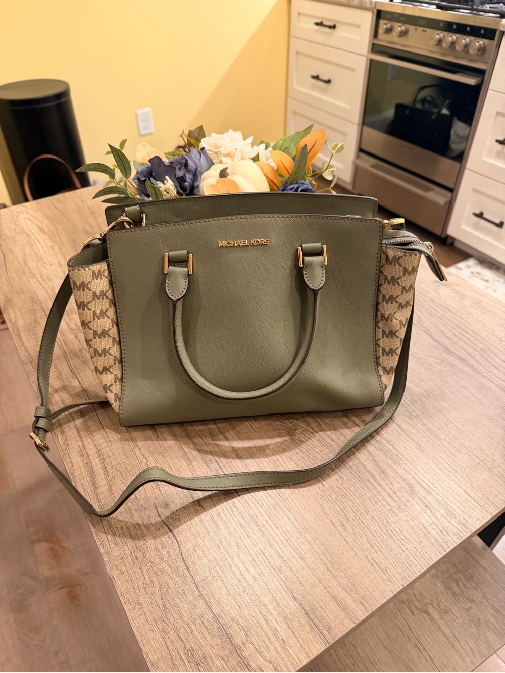 Michael Kors Olive Saffiano & Signature Canvas Satchel
